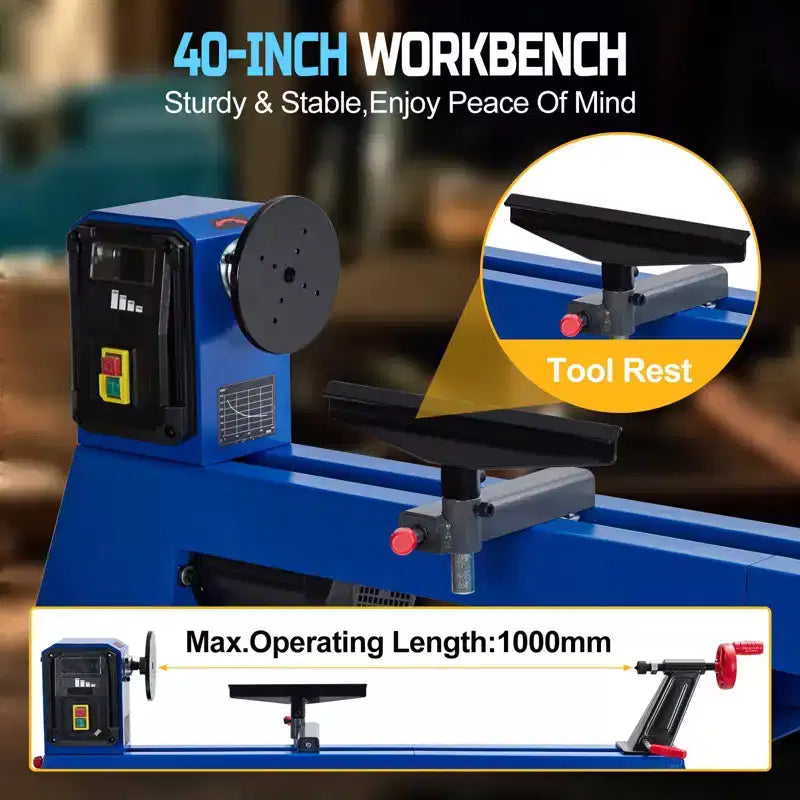 Benchtop Wood Lathe 14 x 20 | 0.5HP Variable Speed 1040-2980 RPM, Wood Turning Machine w/ Chisels, MT3 Tailstock