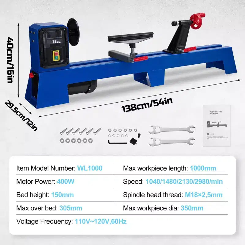 Benchtop Wood Lathe 14 x 20 | 0.5HP Variable Speed 1040-2980 RPM, Wood Turning Machine w/ Chisels, MT3 Tailstock