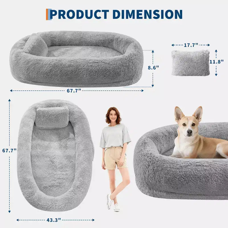 Human Dog Bed Fits You and Pets for People Doze Off, Washable Faux Fur Napping Orthopedic Dog Bed, 67.7  43.3  8.6