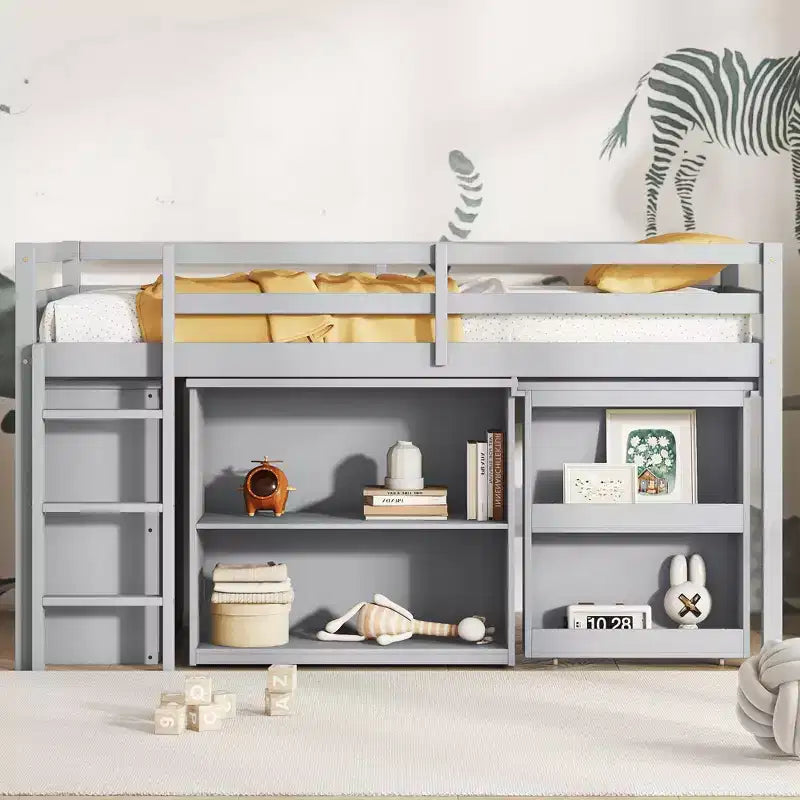 MAYEERTY Twin Loft Bed with Drawer Cabinet Shelf Cabinet and Pulling Out Desk,Rubber Wood Loft Bed with Guardrail Ladder Gray