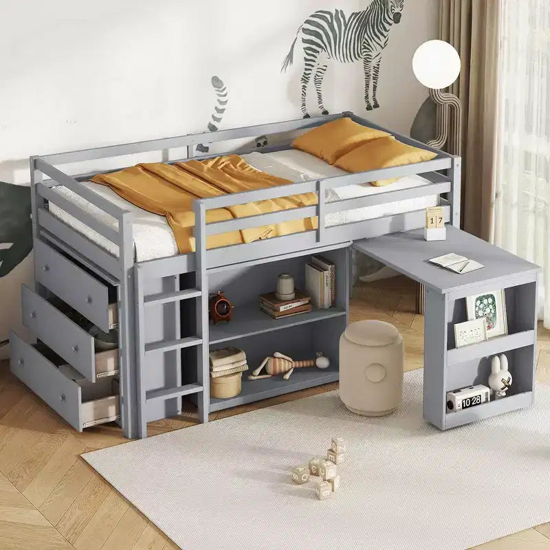 Twin Loft Bed with Drawer Cabinet Shelf Cabinet and Pulling Out Desk, Rubber Wood Loft Bed with Guardrail Ladder Gray