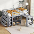 Twin Loft Bed with Drawer Cabinet Shelf Cabinet and Pulling Out Desk, Rubber Wood Loft Bed with Guardrail Ladder Gray