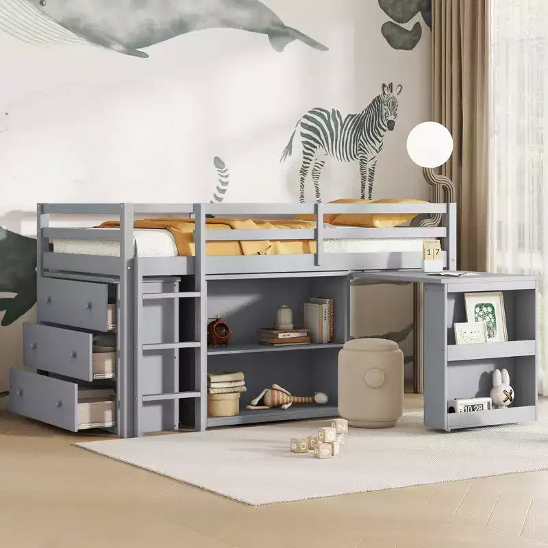 Twin Loft Bed with Drawer Cabinet Shelf Cabinet and Pulling Out Desk, Rubber Wood Loft Bed with Guardrail Ladder Gray
