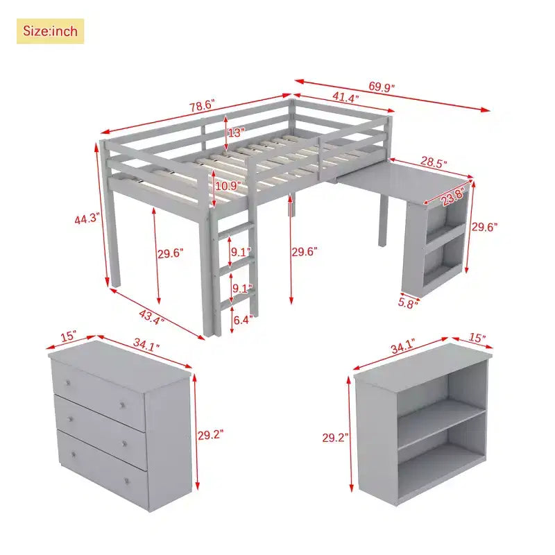 Twin Loft Bed with Drawer Cabinet Shelf Cabinet and Pulling Out Desk, Rubber Wood Loft Bed with Guardrail Ladder Gray