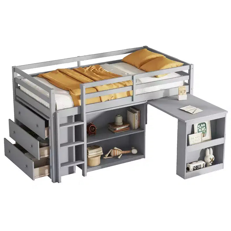 Twin Loft Bed with Drawer Cabinet Shelf Cabinet and Pulling Out Desk, Rubber Wood Loft Bed with Guardrail Ladder Gray