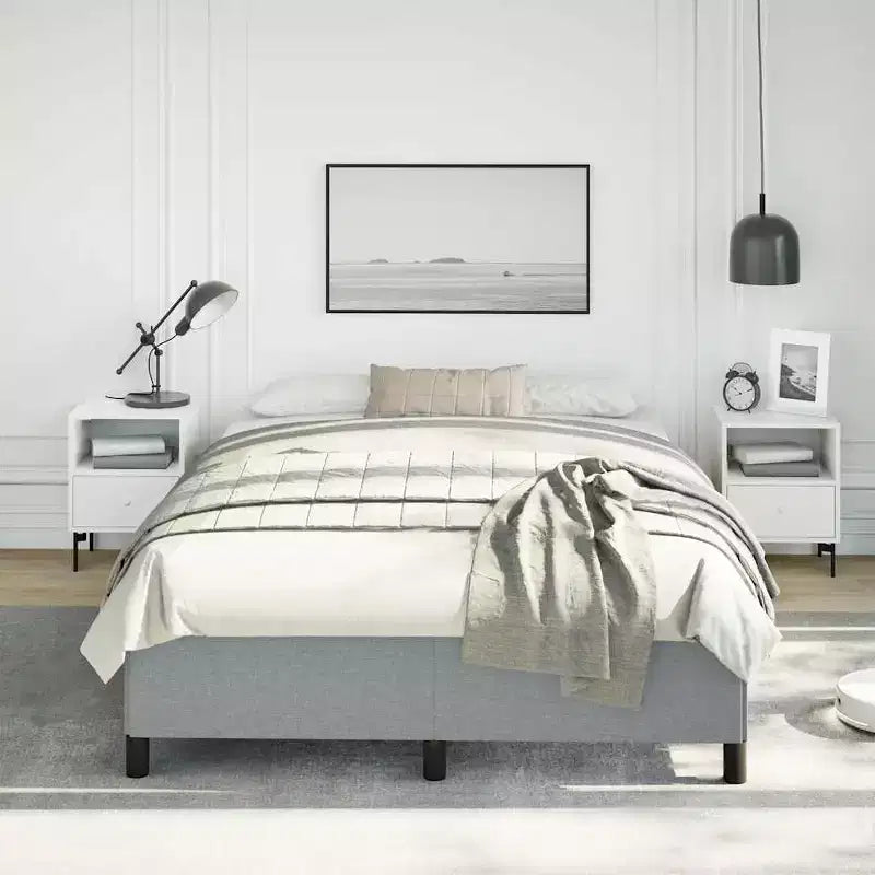 Bed Frame Light Grey Polyester, Plywood, Engineered Wood Full