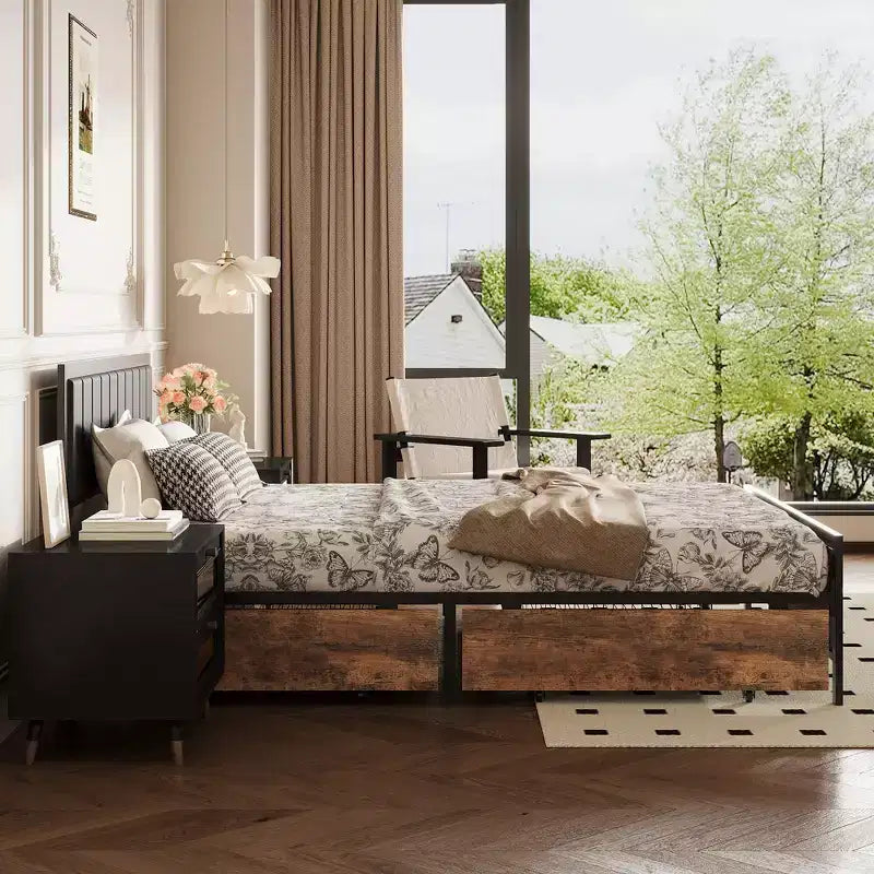 Dyonery Queen Size Bed Frame with 4 Storage Drawers and Headboard,Rustic Metal Bed Frame with Large Storage Space,No Box Spring Needed, Noise Free