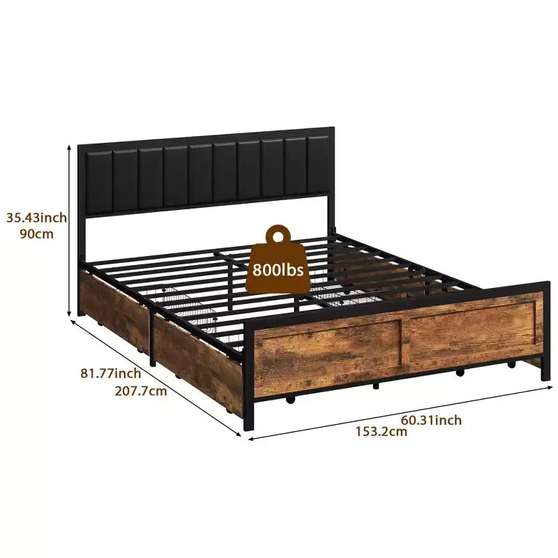 Queen Size Bed Frame with 4 Storage Drawers and Headboard, Rustic Metal Bed Frame with Large Storage Space, No Box Spring Needed, Noise Free