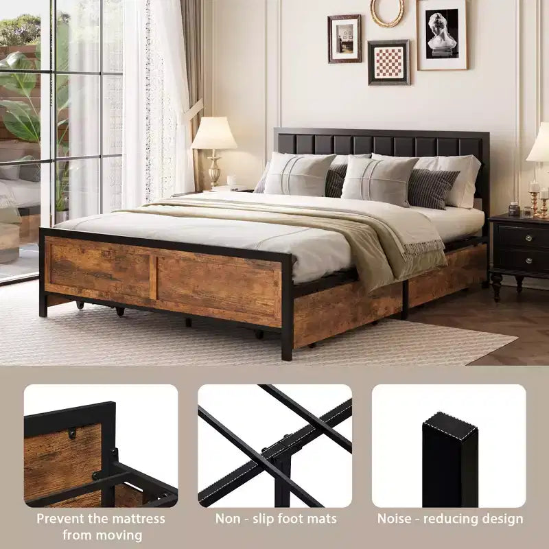 Queen Size Bed Frame with 4 Storage Drawers and Headboard, Rustic Metal Bed Frame with Large Storage Space, No Box Spring Needed, Noise Free