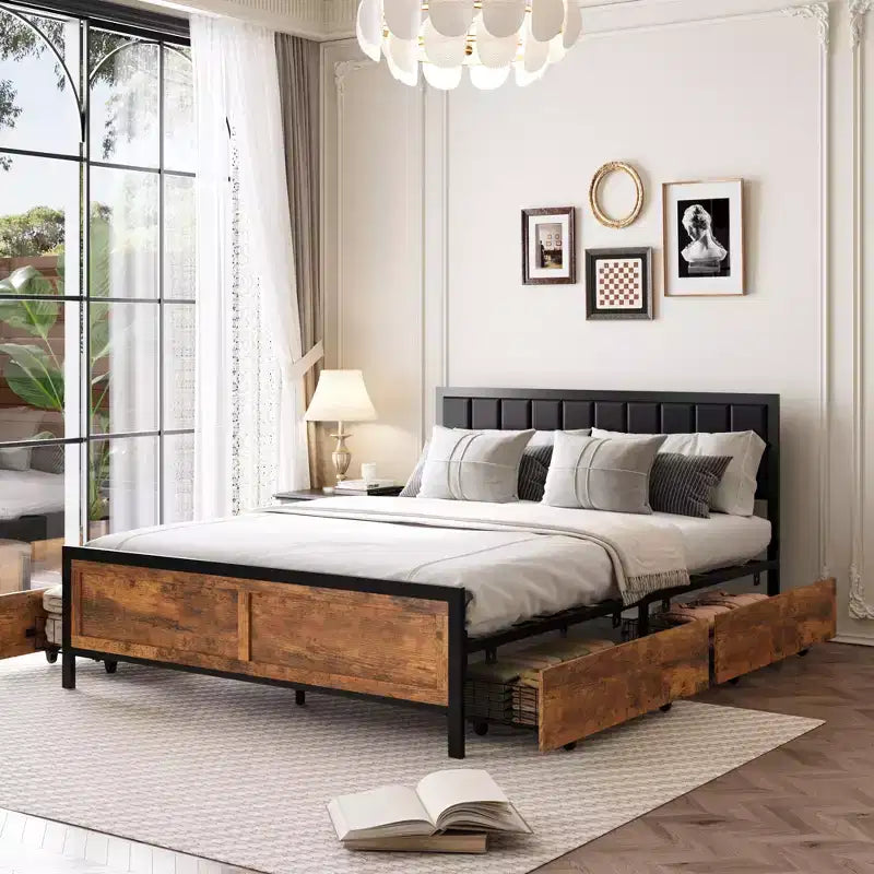 Queen Size Bed Frame with 4 Storage Drawers and Headboard, Rustic Metal Bed Frame with Large Storage Space, No Box Spring Needed, Noise Free