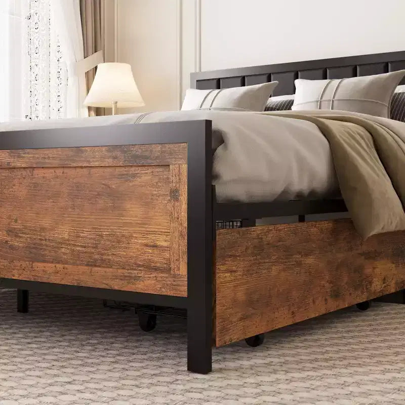 Queen Size Bed Frame with 4 Storage Drawers and Headboard, Rustic Metal Bed Frame with Large Storage Space, No Box Spring Needed, Noise Free