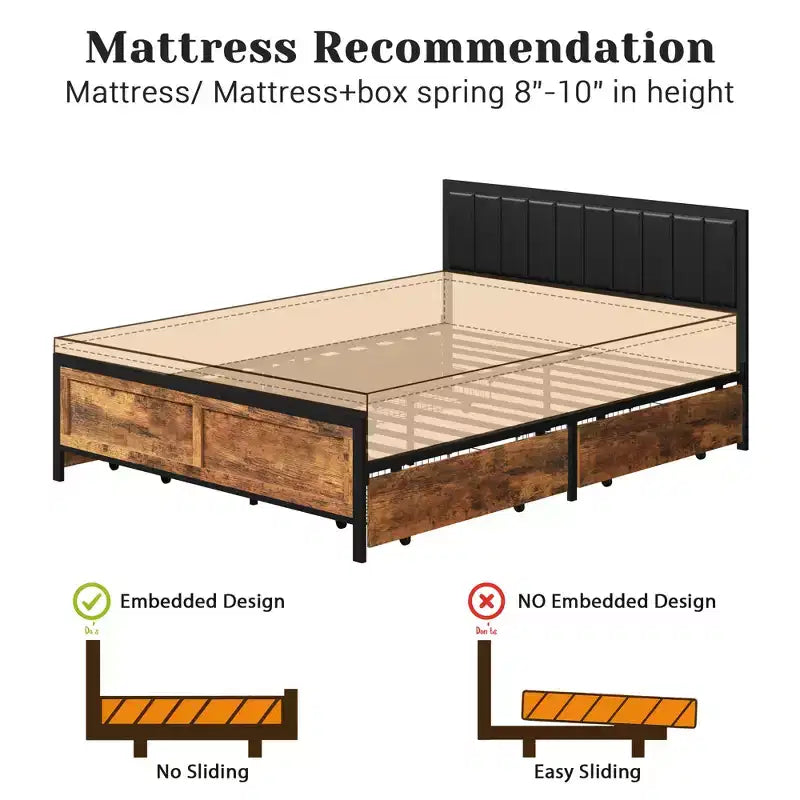 Queen Size Bed Frame with 4 Storage Drawers and Headboard, Rustic Metal Bed Frame with Large Storage Space, No Box Spring Needed, Noise Free