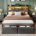 Modern Queen Bed Frame With Charging Station LED Lights Upholstered Storage Headboard Shelf Under Bed Drawers Metal Platform No Box Spring Needed
