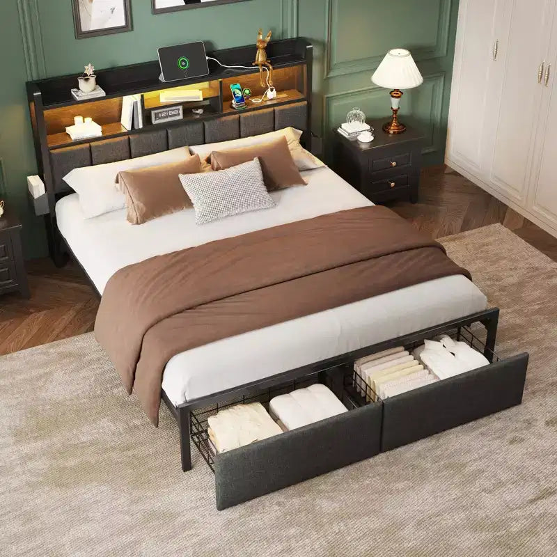 Modern Queen Bed Frame With Charging Station LED Lights Upholstered Storage Headboard Shelf Under Bed Drawers Metal Platform No Box Spring Needed