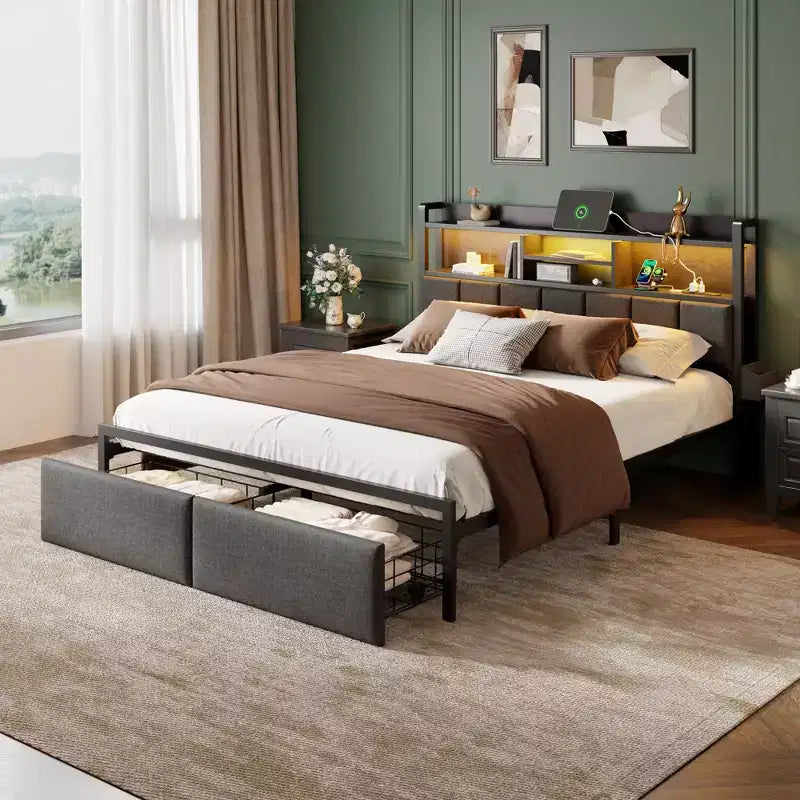 Modern Queen Bed Frame With Charging Station LED Lights Upholstered Storage Headboard Shelf Under Bed Drawers Metal Platform No Box Spring Needed