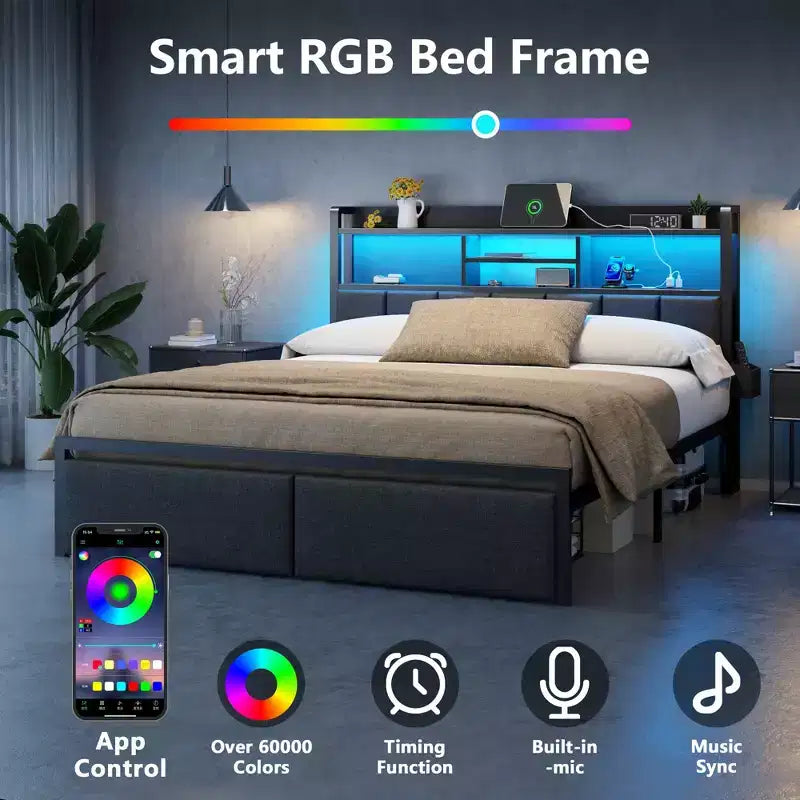 Modern Queen Bed Frame With Charging Station LED Lights Upholstered Storage Headboard Shelf Under Bed Drawers Metal Platform No Box Spring Needed