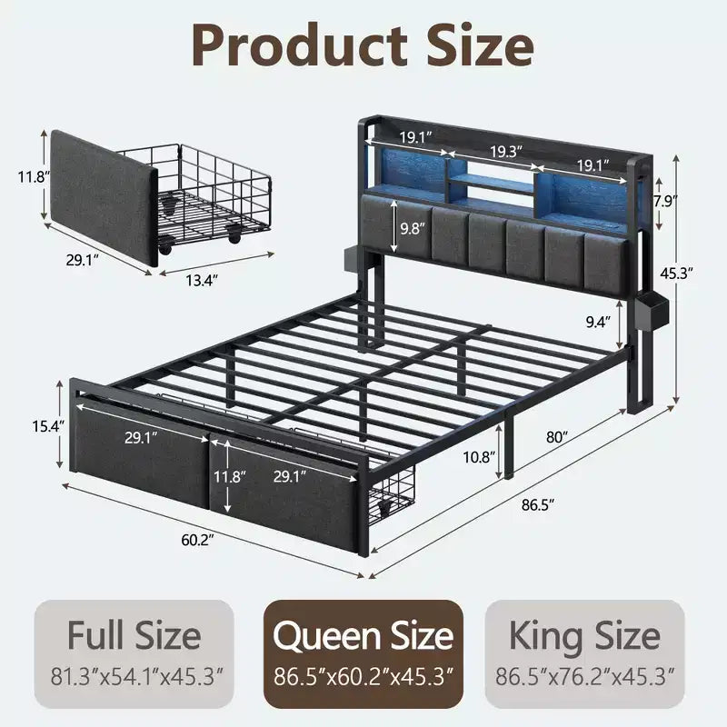 Modern Queen Bed Frame With Charging Station LED Lights Upholstered Storage Headboard Shelf Under Bed Drawers Metal Platform No Box Spring Needed