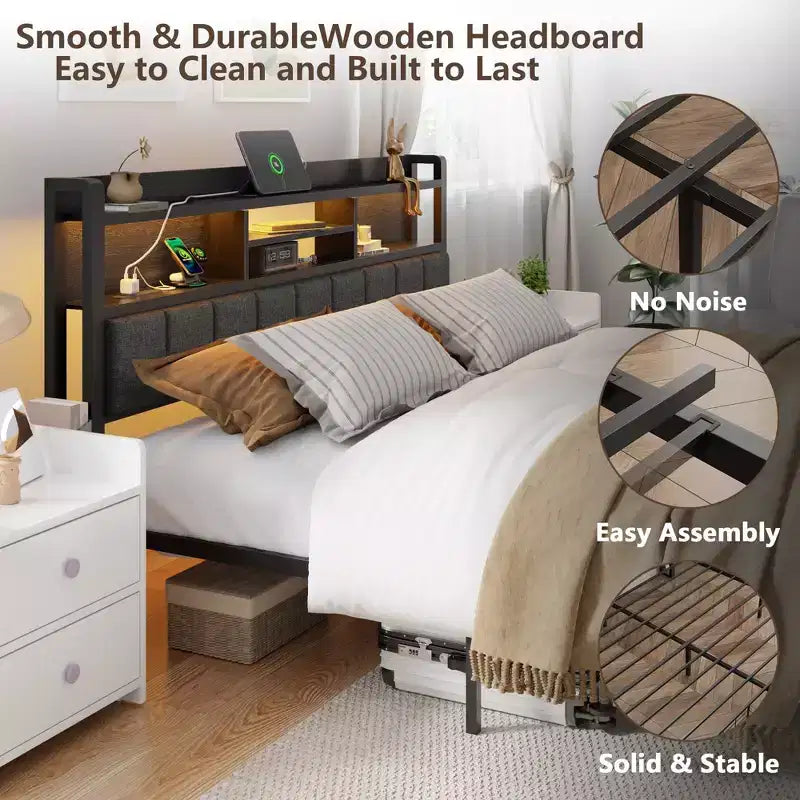 Modern Queen Bed Frame With Charging Station LED Lights Upholstered Storage Headboard Shelf Under Bed Drawers Metal Platform No Box Spring Needed