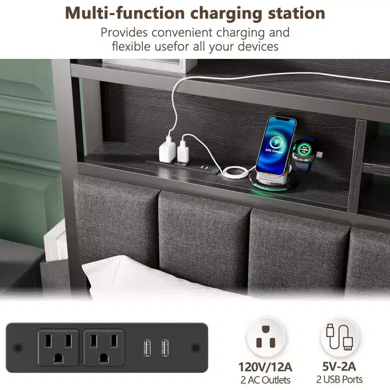 Modern Queen Bed Frame With Charging Station LED Lights Upholstered Storage Headboard Shelf Under Bed Drawers Metal Platform No Box Spring Needed