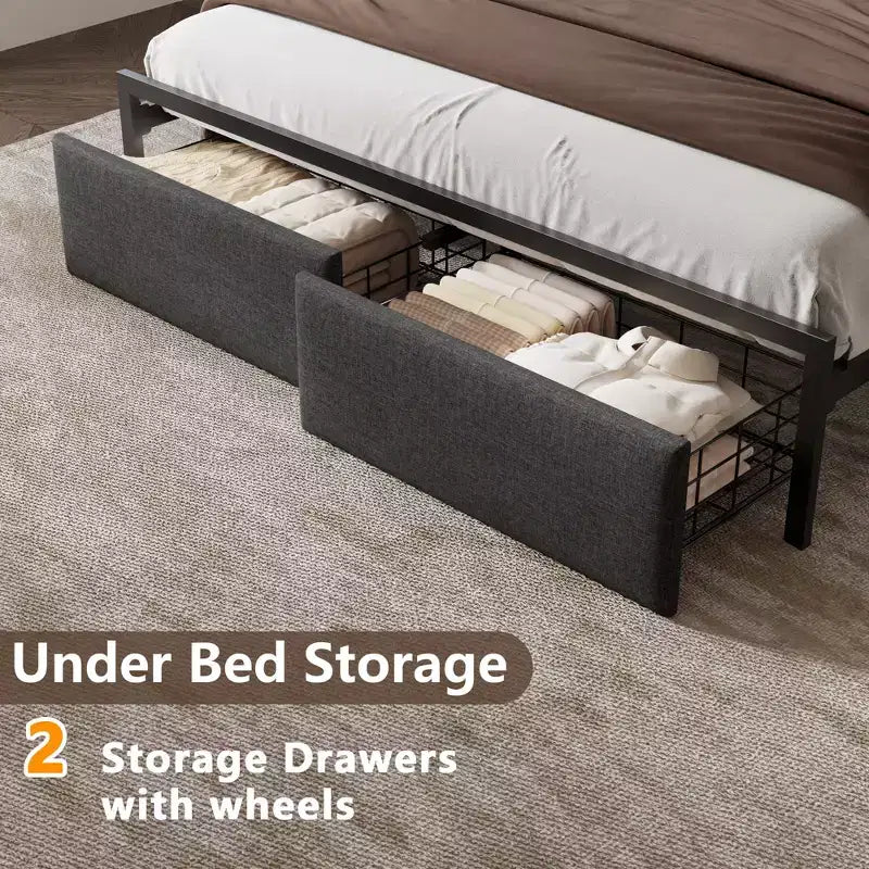 Modern Queen Bed Frame With Charging Station LED Lights Upholstered Storage Headboard Shelf Under Bed Drawers Metal Platform No Box Spring Needed
