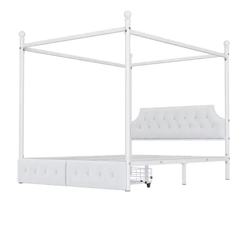 Queen Size 4-Poster Metal Canopy Bed Frame with Velvet Headboard and 2 Storage Drawers, 4-Poster Upholstered Canopy Platform Bedframe, White