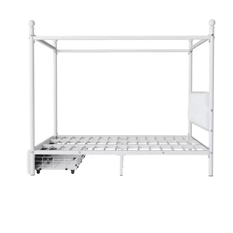 Queen Size 4-Poster Metal Canopy Bed Frame with Velvet Headboard and 2 Storage Drawers, 4-Poster Upholstered Canopy Platform Bedframe, White