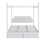 Queen-kokoinen metallinen pylväskatosvuoderunko samettipäädyllä ja kahdella säilytyslaatikolla, pehmustettu pylväskatosvuode, valkoinen