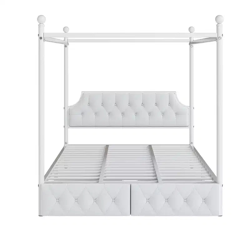 Queen Size 4-Poster Metal Canopy Bed Frame with Velvet Headboard and 2 Storage Drawers, 4-Poster Upholstered Canopy Platform Bedframe, White