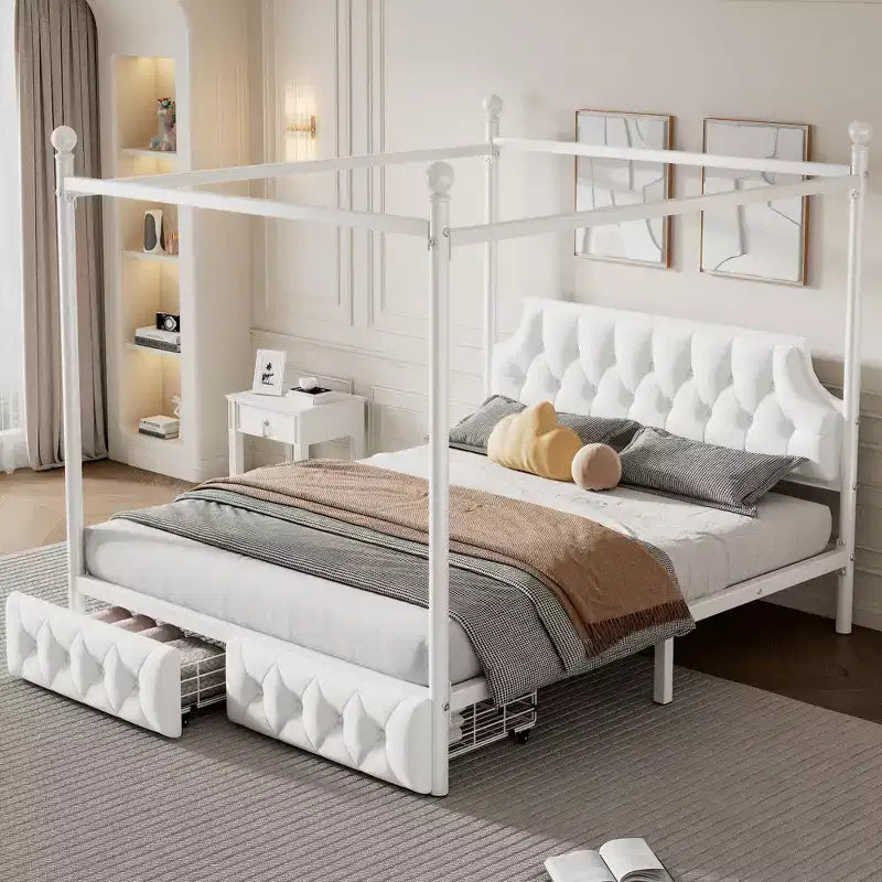 Queen Size 4-Poster Metal Canopy Bed Frame with Velvet Headboard and 2 Storage Drawers, 4-Poster Upholstered Canopy Platform Bedframe, White