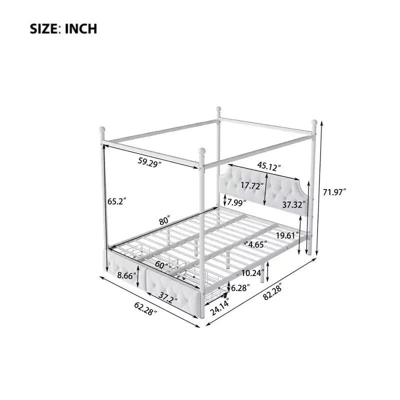 Queen Size 4-Poster Metal Canopy Bed Frame with Velvet Headboard and 2 Storage Drawers, 4-Poster Upholstered Canopy Platform Bedframe, White