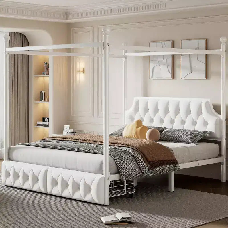 Queen Size 4-Poster Metal Canopy Bed Frame with Velvet Headboard and 2 Storage Drawers, 4-Poster Upholstered Canopy Platform Bedframe, White