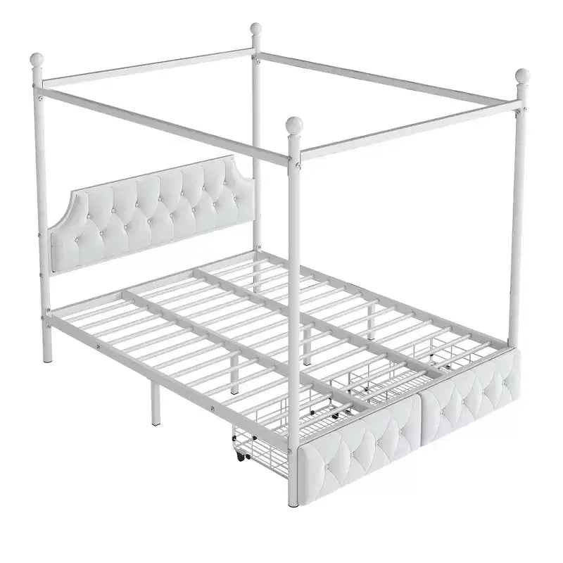 Queen Size 4-Poster Metal Canopy Bed Frame with Velvet Headboard and 2 Storage Drawers, 4-Poster Upholstered Canopy Platform Bedframe, White
