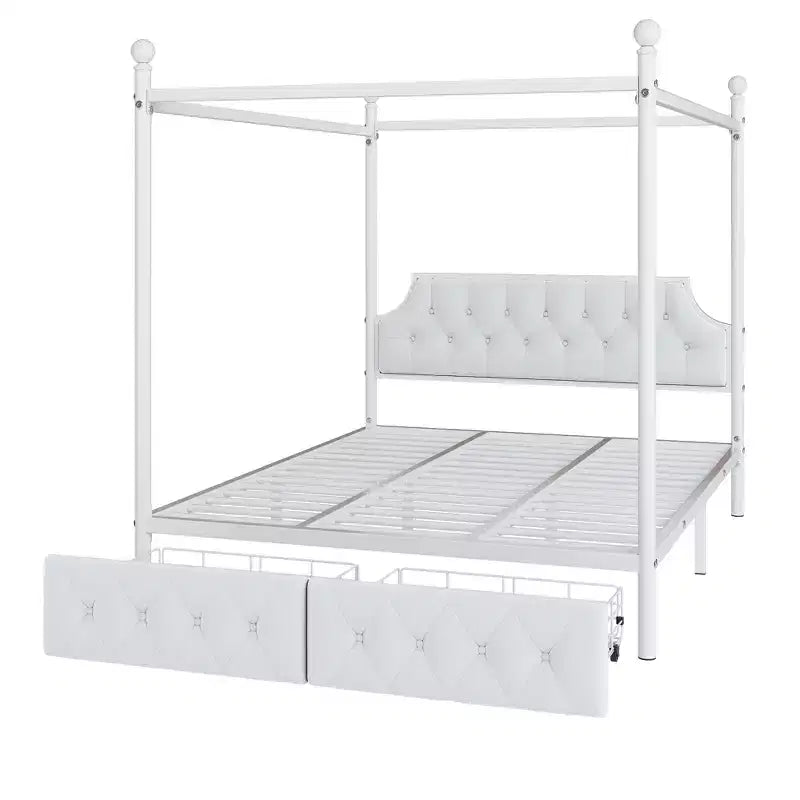Queen Size 4-Poster Metal Canopy Bed Frame with Velvet Headboard and 2 Storage Drawers, 4-Poster Upholstered Canopy Platform Bedframe, White