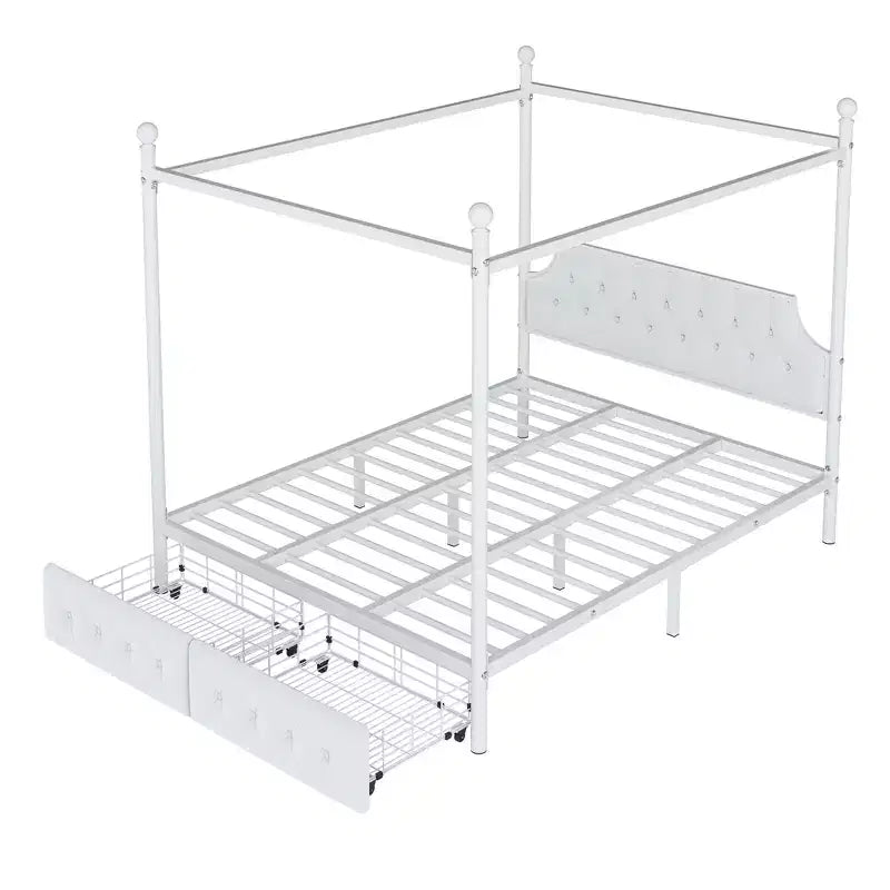 Queen Size 4-Poster Metal Canopy Bed Frame with Velvet Headboard and 2 Storage Drawers, 4-Poster Upholstered Canopy Platform Bedframe, White