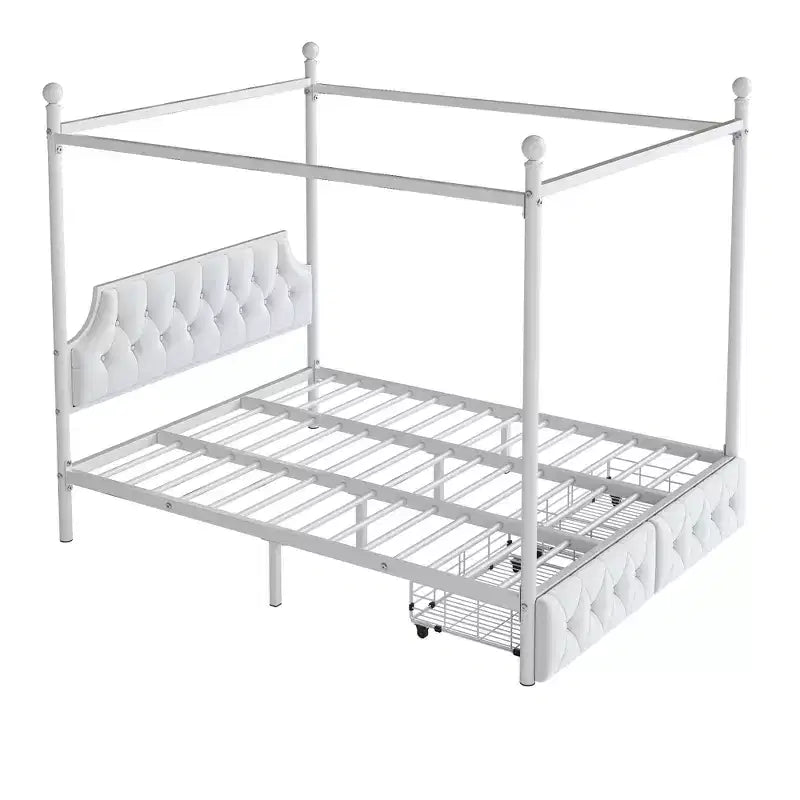 Queen Size 4-Poster Metal Canopy Bed Frame with Velvet Headboard and 2 Storage Drawers, 4-Poster Upholstered Canopy Platform Bedframe, White
