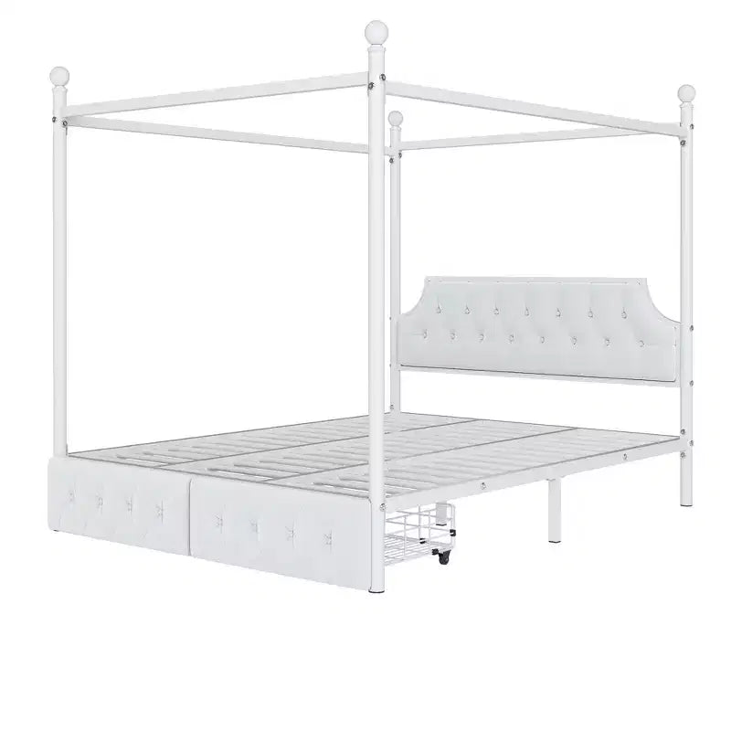 Queen Size 4-Poster Metal Canopy Bed Frame with Velvet Headboard and 2 Storage Drawers, 4-Poster Upholstered Canopy Platform Bedframe, White