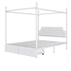 Queen-kokoinen metallinen pylväskatosvuoderunko samettipäädyllä ja kahdella säilytyslaatikolla, pehmustettu pylväskatosvuode, valkoinen