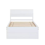 Modernes Einzelbettgestell mit ausziehbarem Gästebett, Plattformbett aus Massivholz mit Kopfteil, kein Lattenrost erforderlich, Holzlatten als Auflage, Weiß