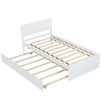 Modernes Einzelbettgestell mit ausziehbarem Gästebett, Plattformbett aus Massivholz mit Kopfteil, kein Lattenrost erforderlich, Holzlatten als Auflage, Weiß