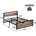 Bedframe met houten hoofdbord, 14 inch zwaar industrieel metalen platformbedframe met opbergruimte onder het bed, boxspring niet nodig