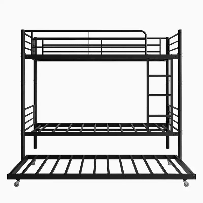 Twin over Twin Bunk Bed with Trundle, Metal Bunk Bed Frame with Ladder & Guardrails, Space Saving Bed for Teens Guests Small Bedrooms
