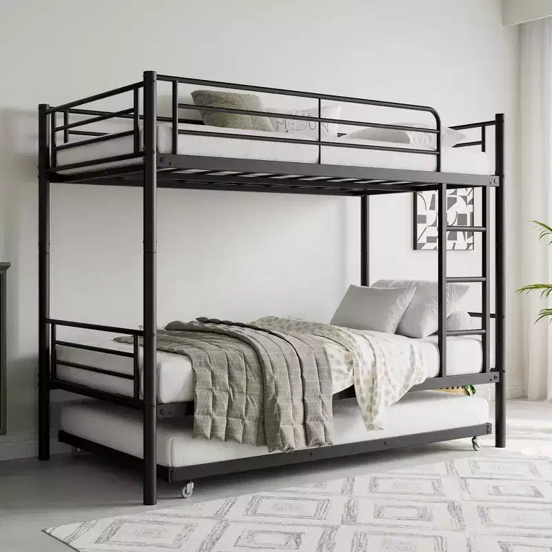 Twin over Twin Bunk Bed with Trundle, Metal Bunk Bed Frame with Ladder & Guardrails, Space Saving Bed for Teens Guests Small Bedrooms
