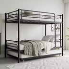 Twin over Twin Bunk Bed with Trundle, Metal Bunk Bed Frame with Ladder & Guardrails, Space Saving Bed for Teens Guests Small Bedrooms