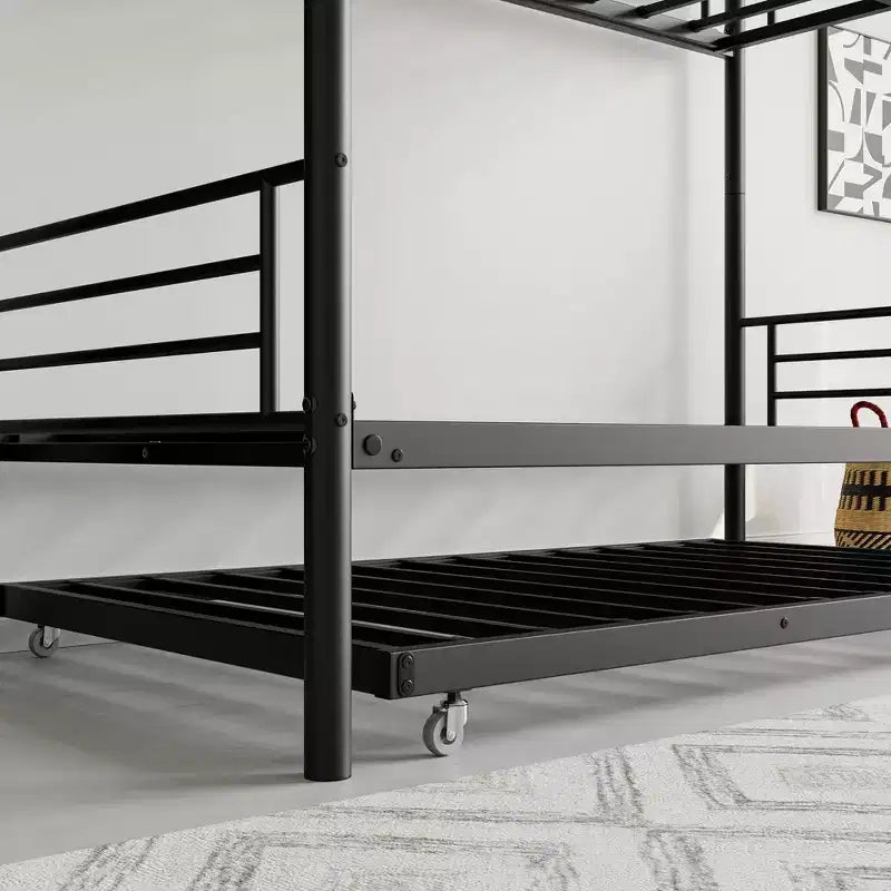 Twin over Twin Bunk Bed with Trundle, Metal Bunk Bed Frame with Ladder & Guardrails, Space Saving Bed for Teens Guests Small Bedrooms