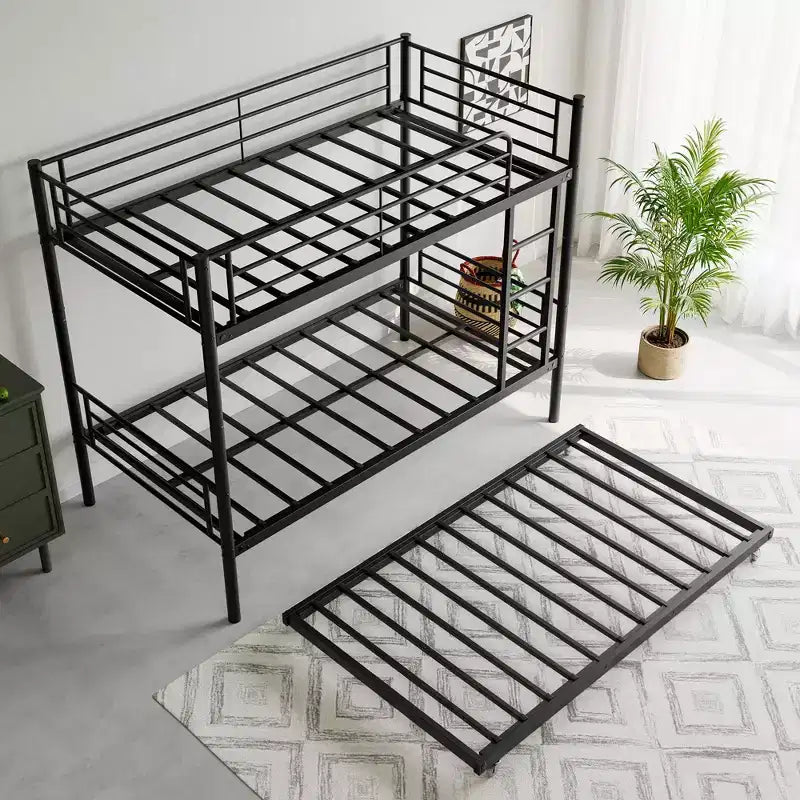 Twin over Twin Bunk Bed with Trundle, Metal Bunk Bed Frame with Ladder & Guardrails, Space Saving Bed for Teens Guests Small Bedrooms