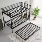 Twin over Twin Bunk Bed with Trundle, Metal Bunk Bed Frame with Ladder & Guardrails, Space Saving Bed for Teens Guests Small Bedrooms