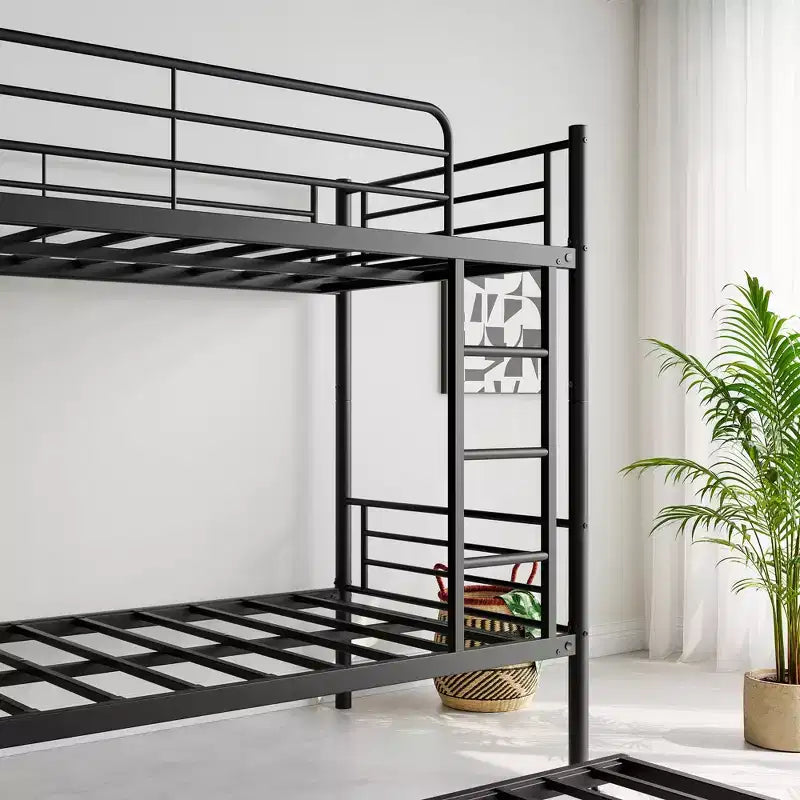 Twin over Twin Bunk Bed with Trundle, Metal Bunk Bed Frame with Ladder & Guardrails, Space Saving Bed for Teens Guests Small Bedrooms