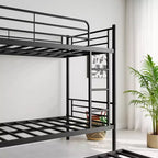Twin over Twin Bunk Bed with Trundle, Metal Bunk Bed Frame with Ladder & Guardrails, Space Saving Bed for Teens Guests Small Bedrooms