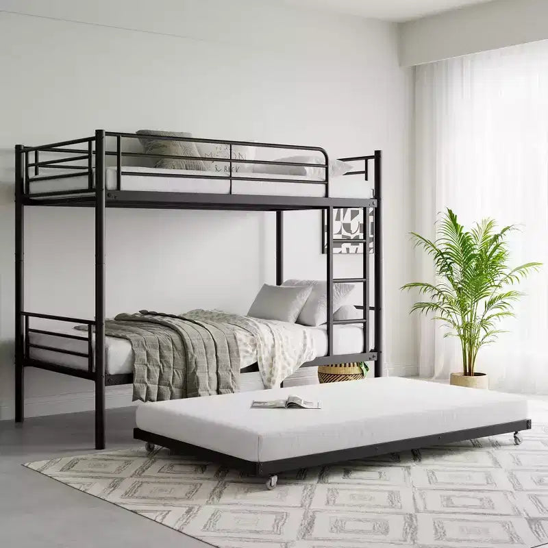 Twin over Twin Bunk Bed with Trundle, Metal Bunk Bed Frame with Ladder & Guardrails, Space Saving Bed for Teens Guests Small Bedrooms