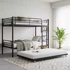Twin over Twin Bunk Bed with Trundle, Metal Bunk Bed Frame with Ladder & Guardrails, Space Saving Bed for Teens Guests Small Bedrooms